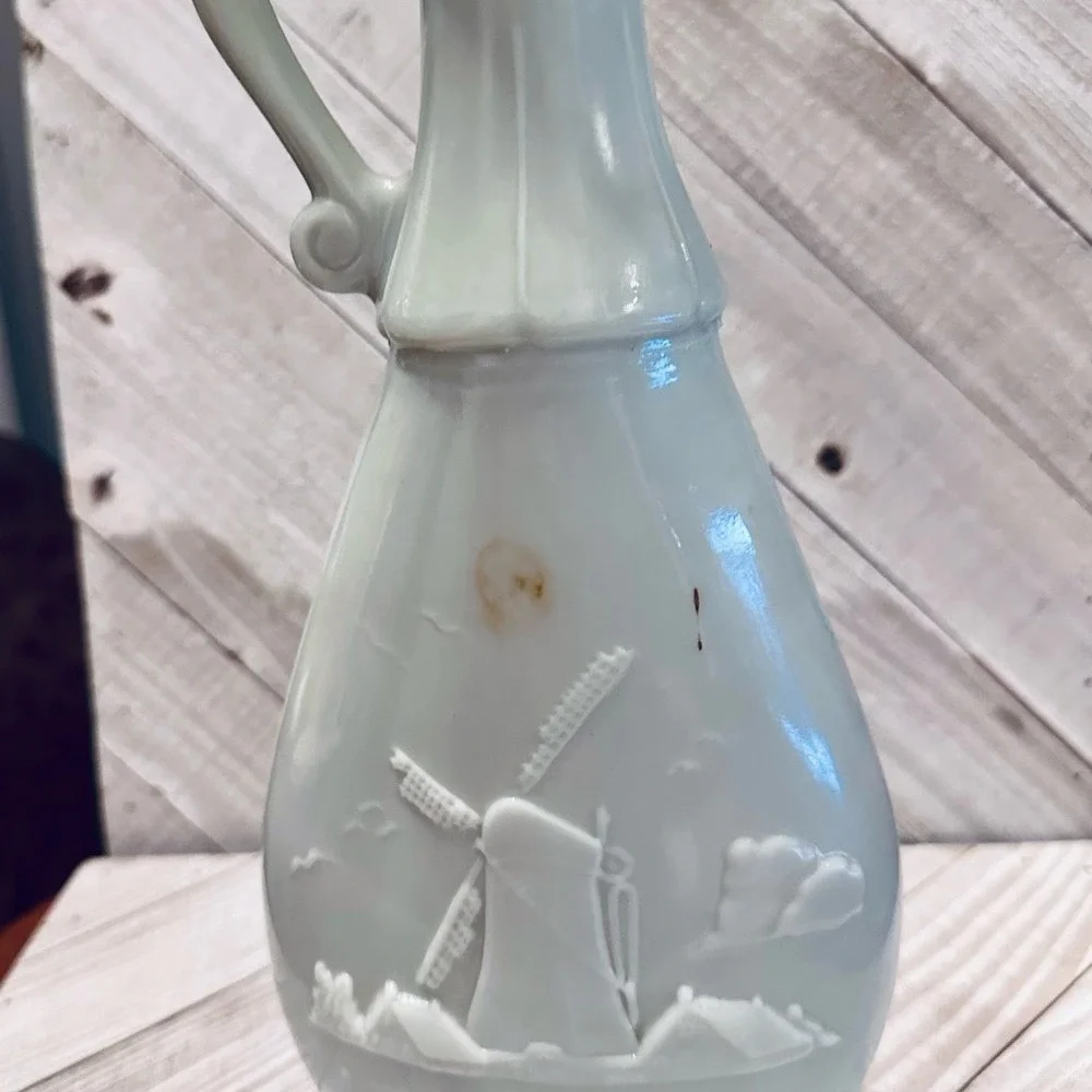 Vintage Milk Glass Decanter Sailboat Windmill Nautical White Pitcher Bottle 9.5